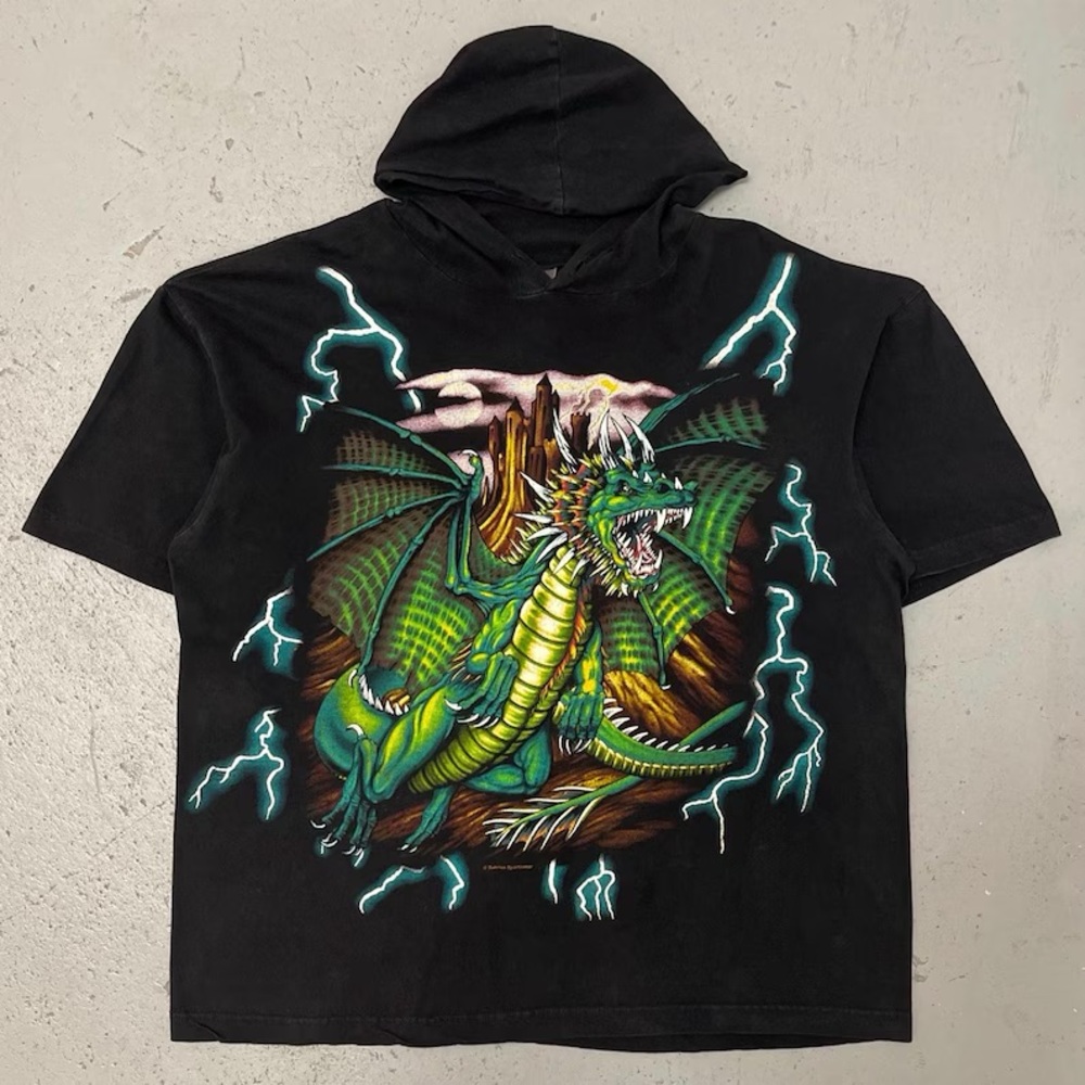 Vintage 90s American Thunder Dragon Rare Double Sided AOP Hooded T Shirt XL